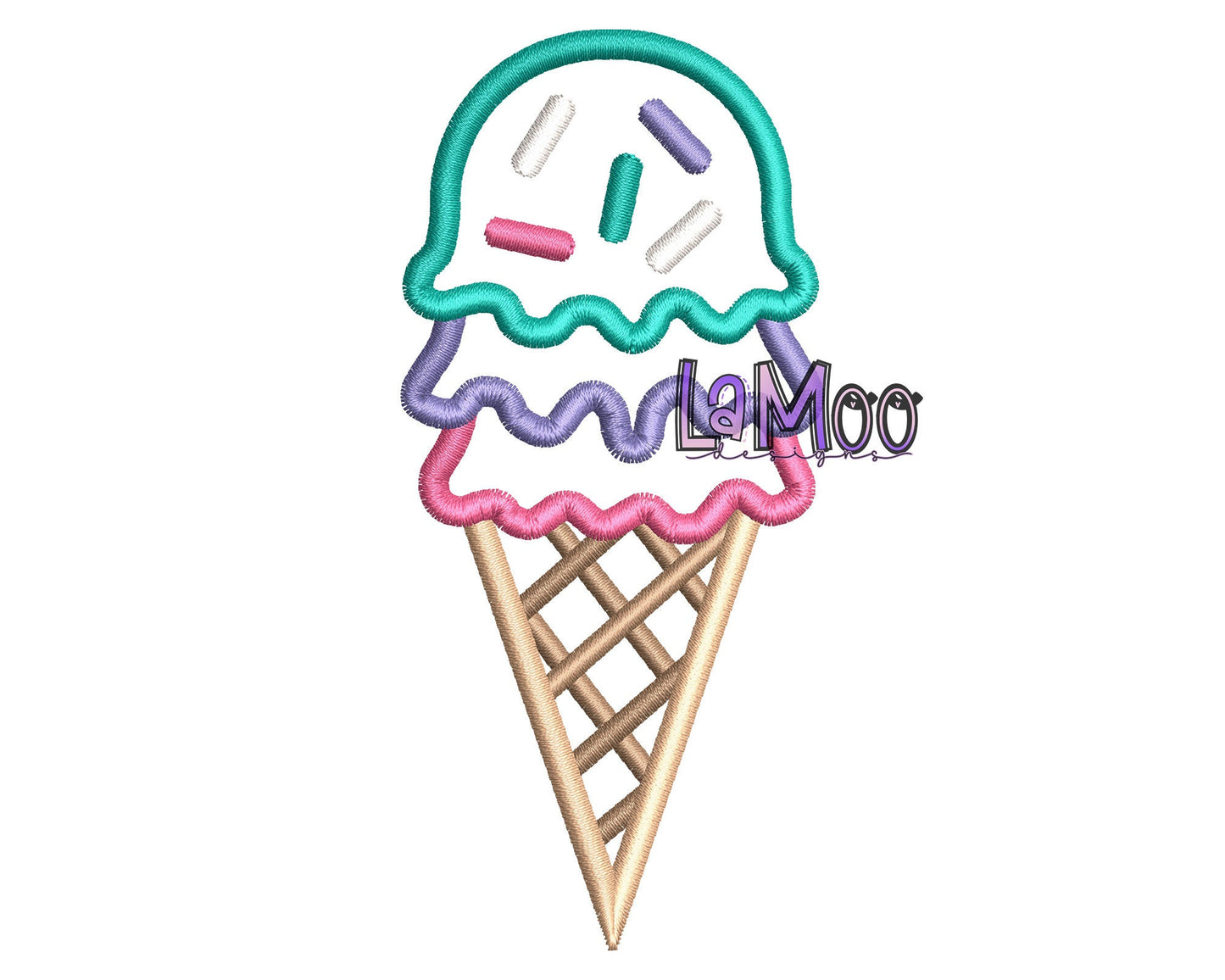 Three Scoops Ice Cream Cone Embroidery Satin Stitch Applique Design