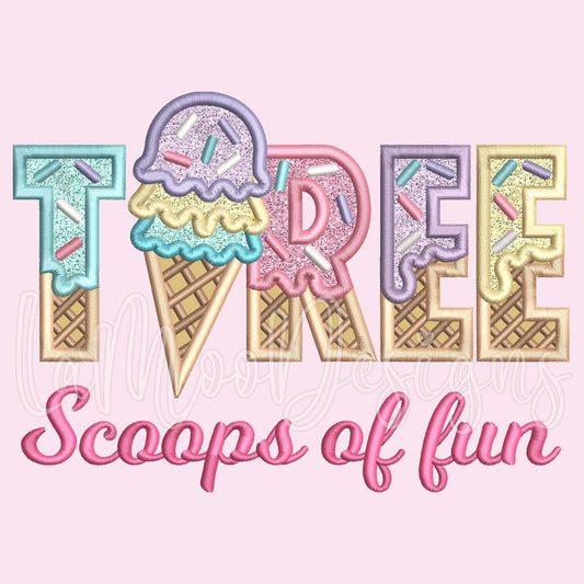 THREE Scoops of Fun Ice Cream Waffle Cone Birthday Embroidery Satin Stitch Applique Design