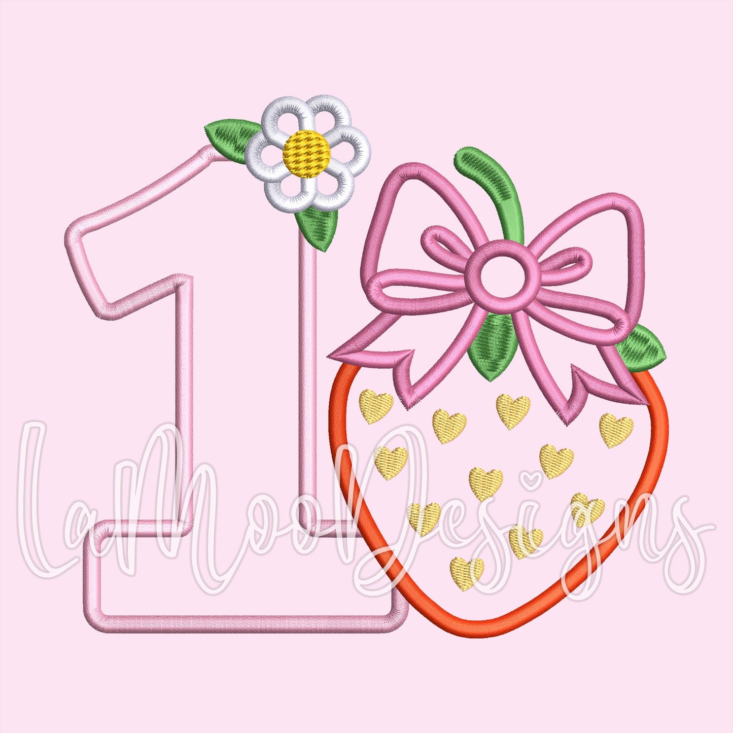 Strawberry 1st Birthday Satin Stitch Applique Embroidery Design