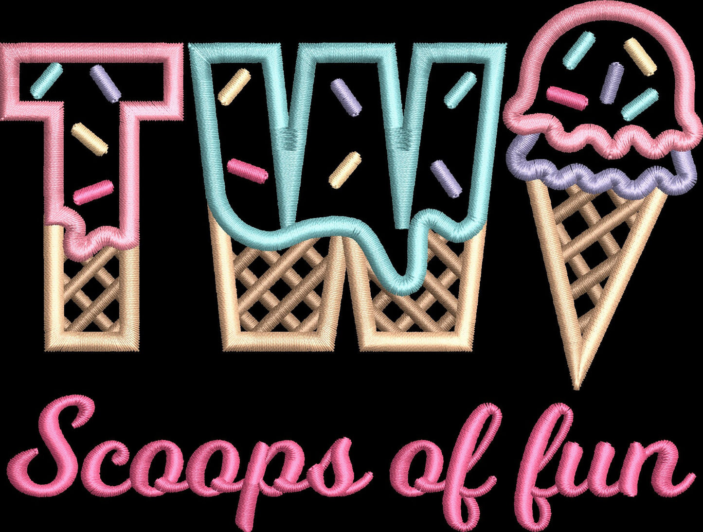 TWO Scoops of Fun Ice Cream Waffle Cone Birthday Embroidery Satin Stitch Applique Design