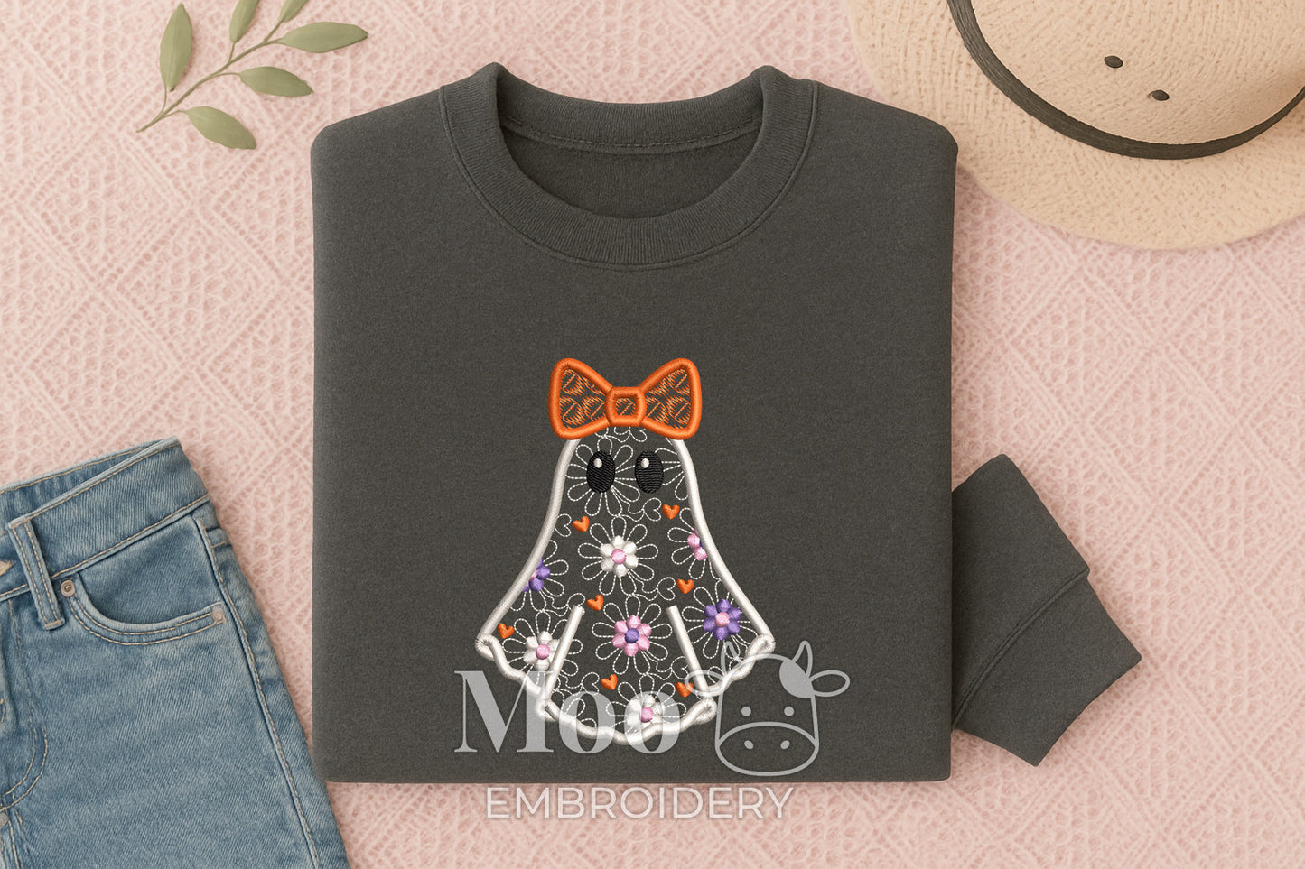 Cute Floral "Lace" Halloween Ghost with Bow Embroidery Design