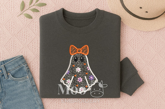 Cute Floral "Lace" Halloween Ghost with Bow Embroidery Design