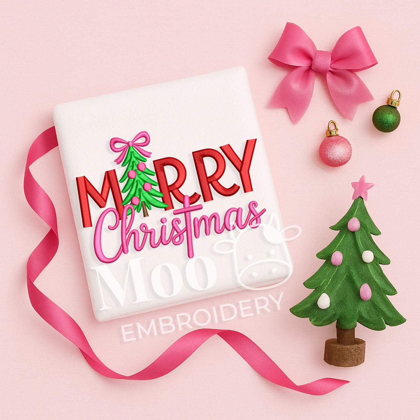 Merry Christmas Tree Embroidery Design with Girly Bow – Machine Embroidery File (Digital Download)