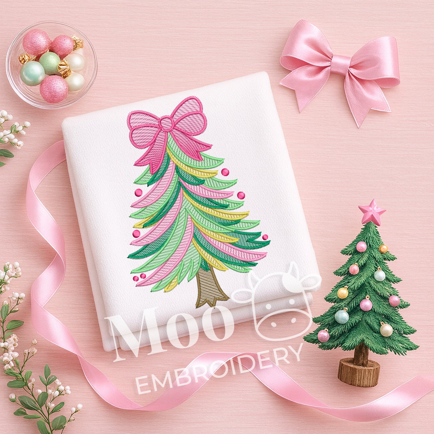 Sketch Stitch Christmas Tree Embroidery Design with Bow 4x4 5x7 6x10