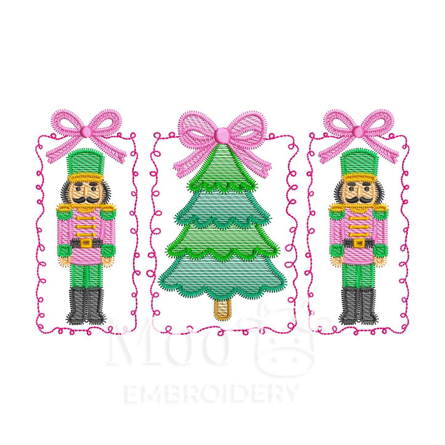 Sketch Nutcracker and Christmas Tree Embroidery Design with Bows and Frames