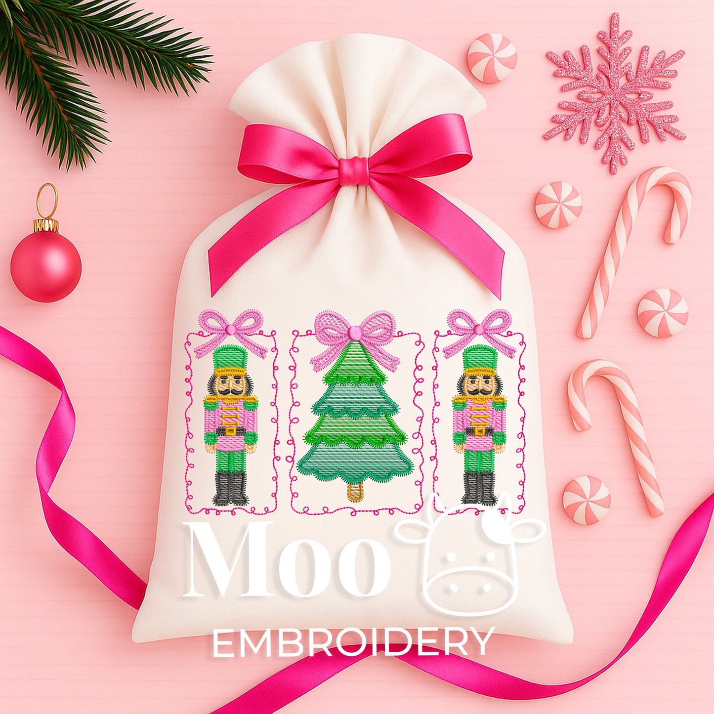 Sketch Nutcracker and Christmas Tree Embroidery Design with Bows and Frames