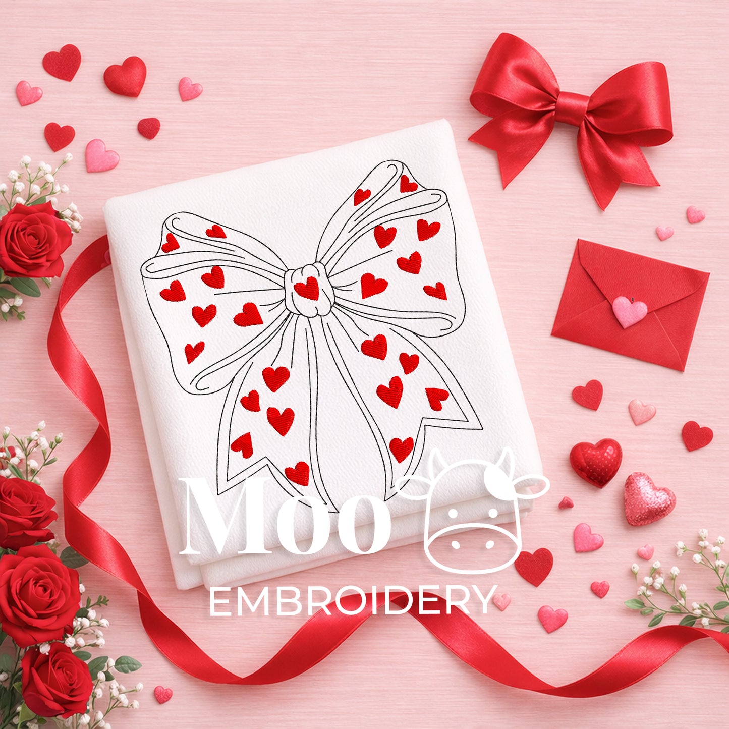 Valentine's Day Bow Bean Stitch Embroidery Applique Design (5 Sizes)