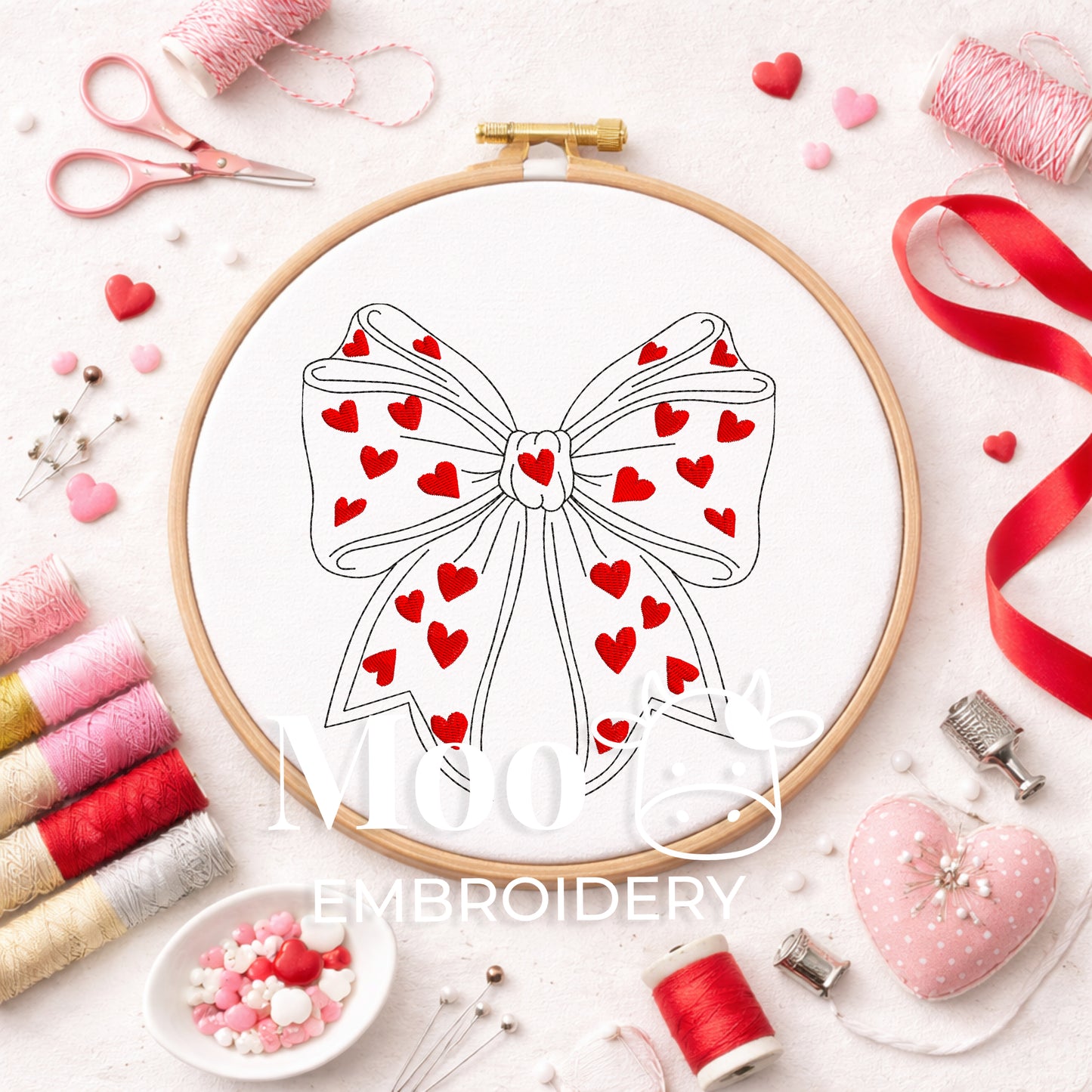 Valentine's Day Bow Bean Stitch Embroidery Applique Design (5 Sizes)