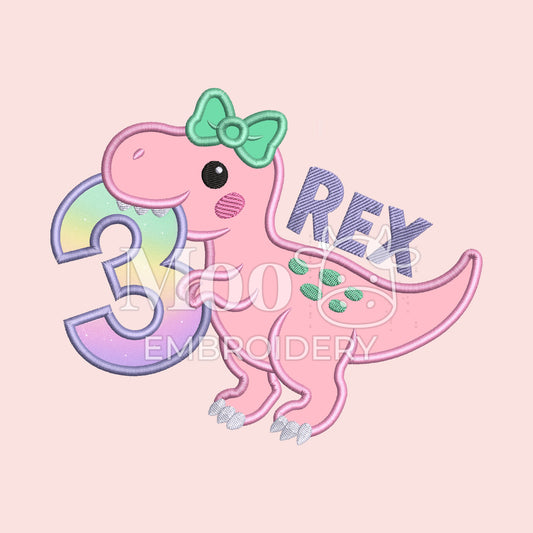 Girly 3 TREX Birthday Embroidery Satin Stitch Applique