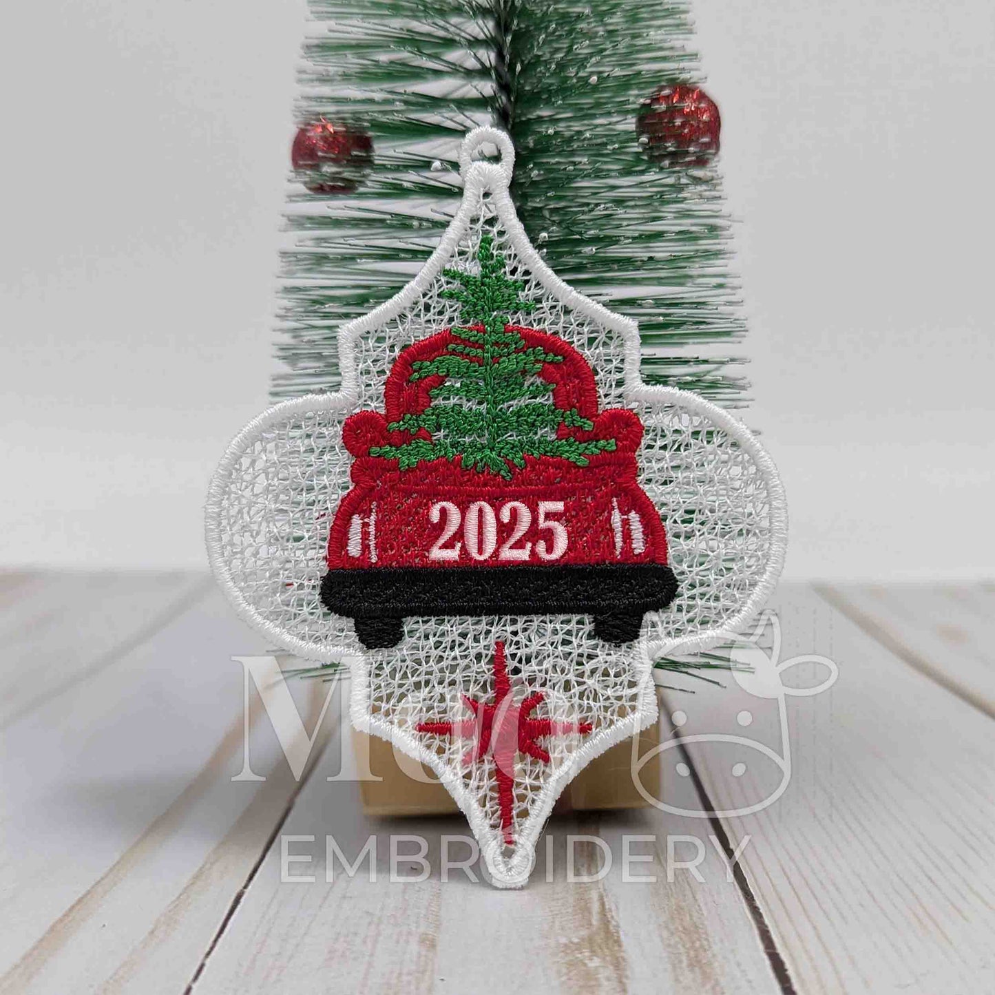 2025 Red Truck Freestanding Lace Arabesque Christmas Ornament Embroidery Design
