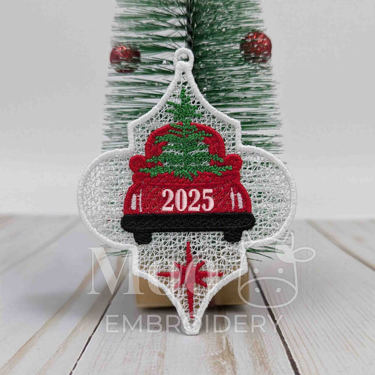 2025 Red Truck Freestanding Lace Arabesque Christmas Ornament Embroidery Design